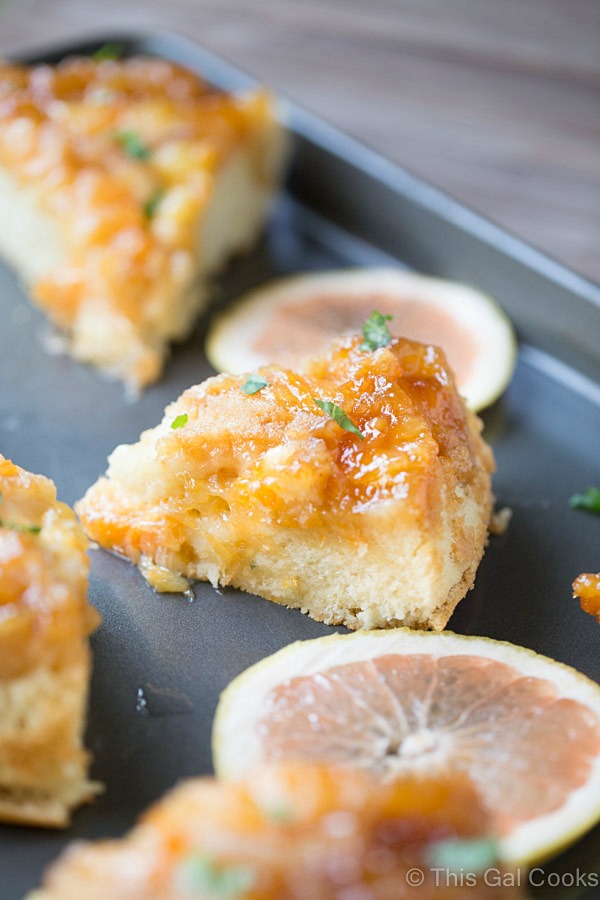 From scratch Grapefruit Upside Down Cake is made with fresh, sweet Florida Grapefruit and a cake batter that results in a soft, fluffy cake. Garnished with fresh chopped basil for complimentary flavor.