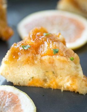 From scratch Grapefruit Upside-Down Cake is made with fresh, sweet Florida Grapefruit and a cake batter that results in a soft, fluffy cake. Garnished with fresh chopped basil for complimentary flavor.