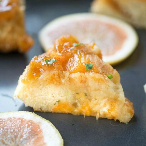 From scratch Grapefruit Upside-Down Cake is made with fresh, sweet Florida Grapefruit and a cake batter that results in a soft, fluffy cake. Garnished with fresh chopped basil for complimentary flavor.