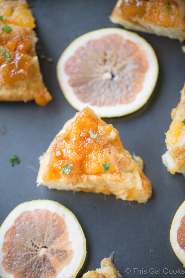 From scratch Grapefruit Upside Down Cake is made with fresh, sweet Florida Grapefruit and a cake batter that results in a soft, fluffy cake. Garnished with fresh chopped basil for complimentary flavor.