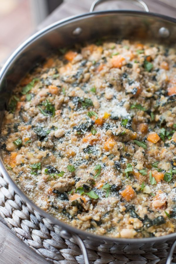 Skillet Farro and Turkey Sausage Casserole with Kale and Sweet Potatoes