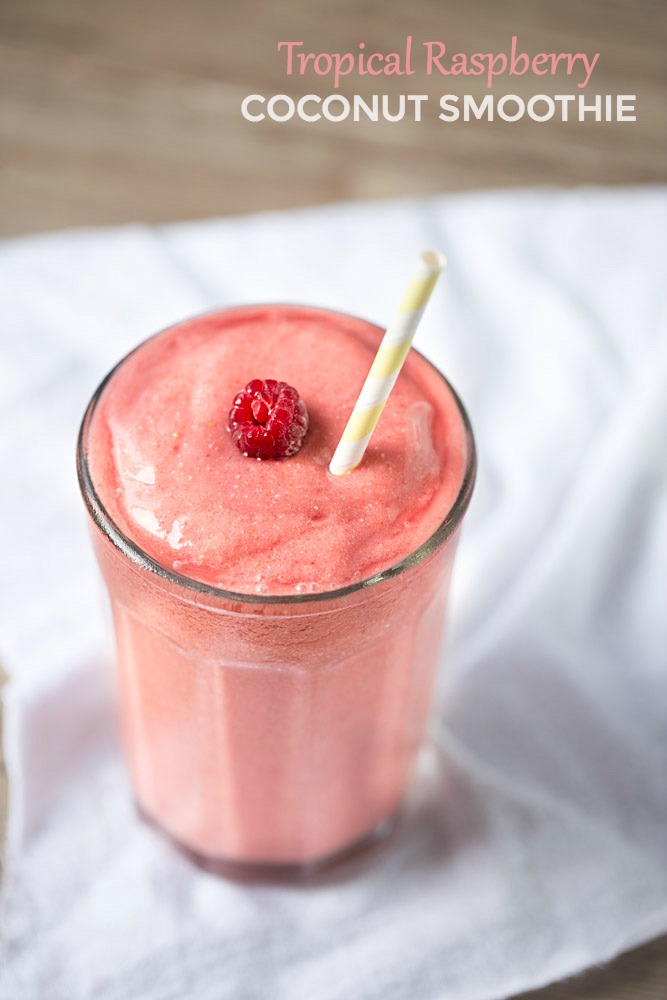 Dairy free, simple and easy to make Tropical Raspberry Coconut Smoothie | This Gal Cooks