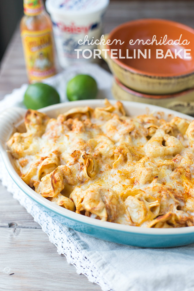 Easy Chicken Enchilada Tortellini Bake. Ready for dinner in under 30 minutes! | This Gal Cooks