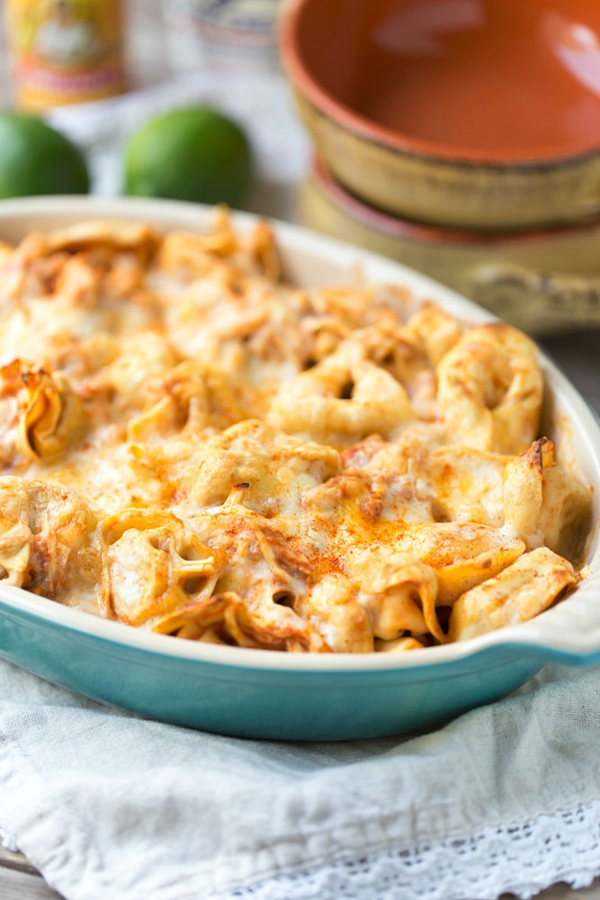 Easy Chicken Enchilada Tortellini Bake. Ready for dinner in under 30 minutes! | This Gal Cooks