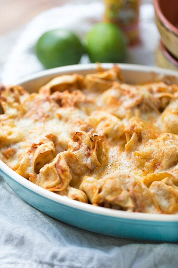 Five Ingredient Chicken Enchilada Tortellini Bake. Ready for dinner in under 30 minutes! | This Gal Cooks
