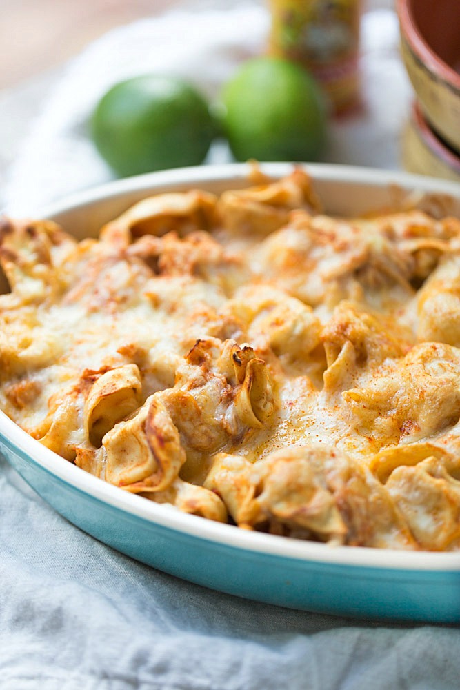 Easy Chicken Enchilada Tortellini Bake. Ready for dinner in under 30 minutes! | This Gal Cooks