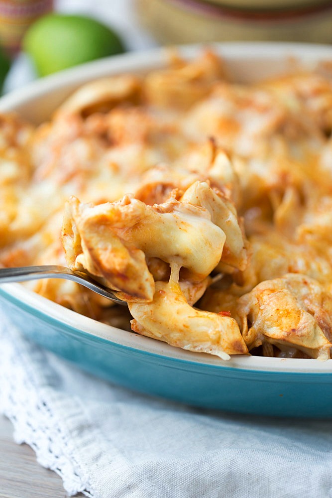 Easy Chicken Enchilada Tortellini Bake. Ready for dinner in under 30 minutes! | This Gal Cooks