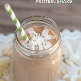 A simple breakfast recipe: Almond Joy Protein Shake. Great meal replacement at 460 calories! This will keep you full until lunch!