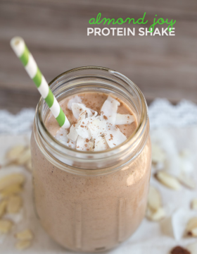 A simple breakfast recipe: Almond Joy Protein Shake. Great meal replacement at 460 calories! This will keep you full until lunch!