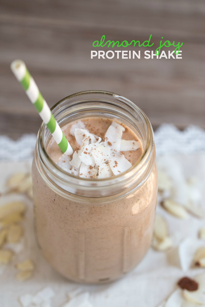 A simple breakfast recipe: Almond Joy Protein Shake. Great meal replacement at 460 calories! This will keep you full until lunch!