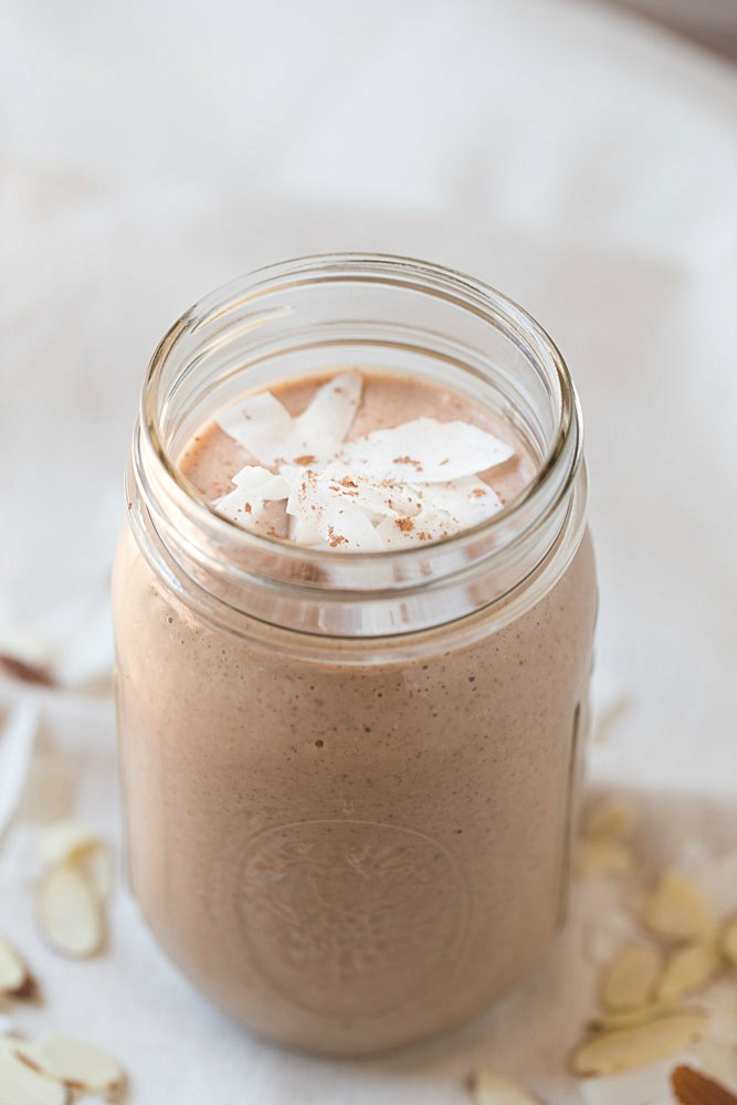 A simple breakfast recipe: Almond Joy Protein Shake. Great meal replacement at 460 calories! This will keep you full until lunch!