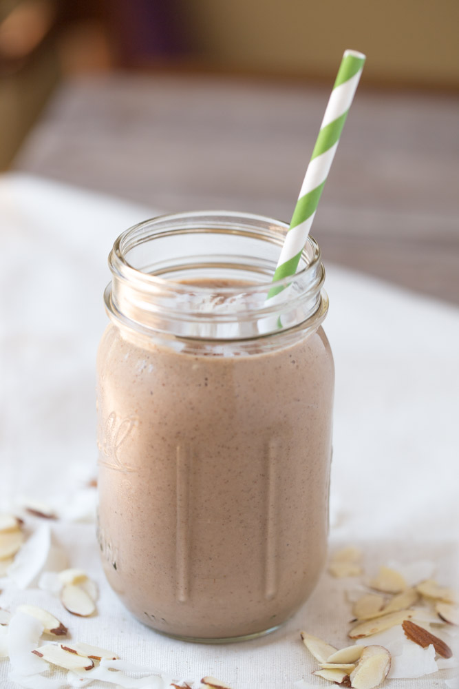 A simple breakfast recipe: Almond Joy Protein Shake. Great meal replacement at 460 calories! This will keep you full until lunch!