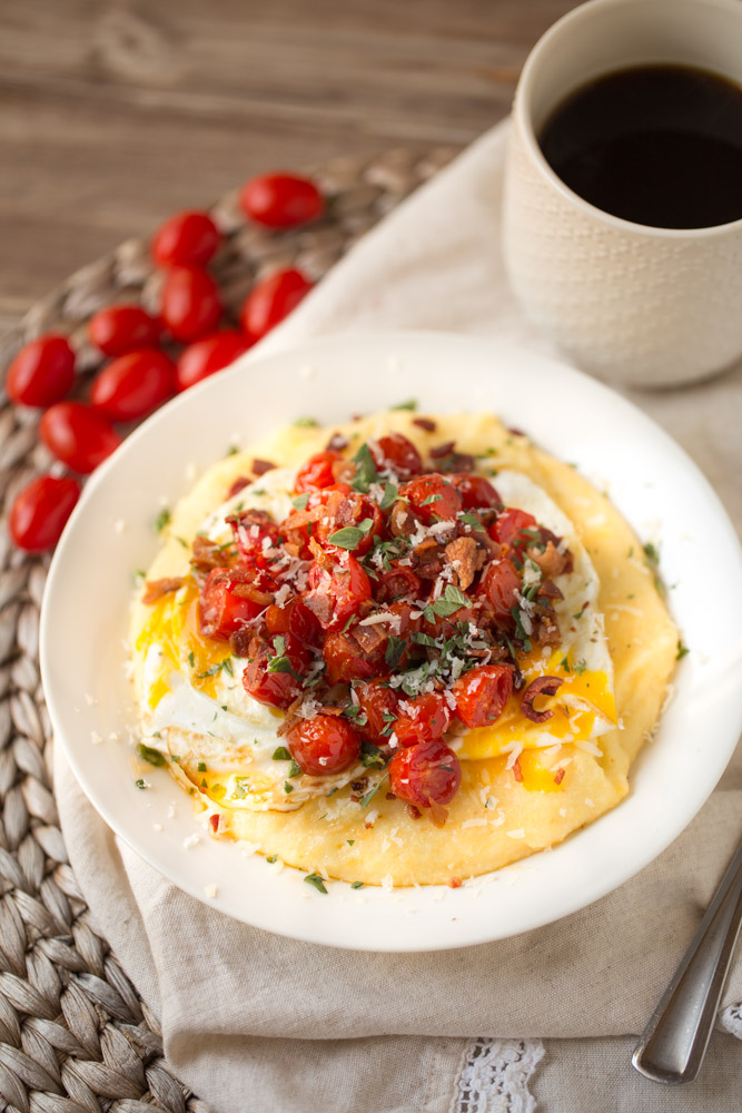 Breakfast Polenta with Roasted Tomatoes, Eggs and Bacon | This Gal Cooks