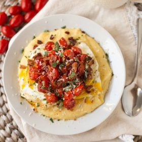 Breakfast Polenta with Roasted Tomatoes, Eggs and Bacon | This Gal Cooks