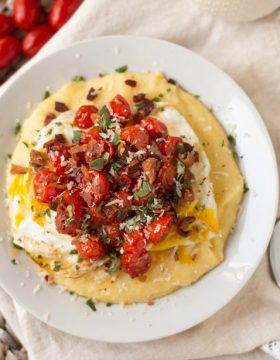 Breakfast Polenta with Roasted Tomatoes, Eggs and Bacon | This Gal Cooks