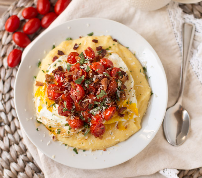 Breakfast Polenta with Roasted Tomatoes, Eggs and Bacon | This Gal Cooks