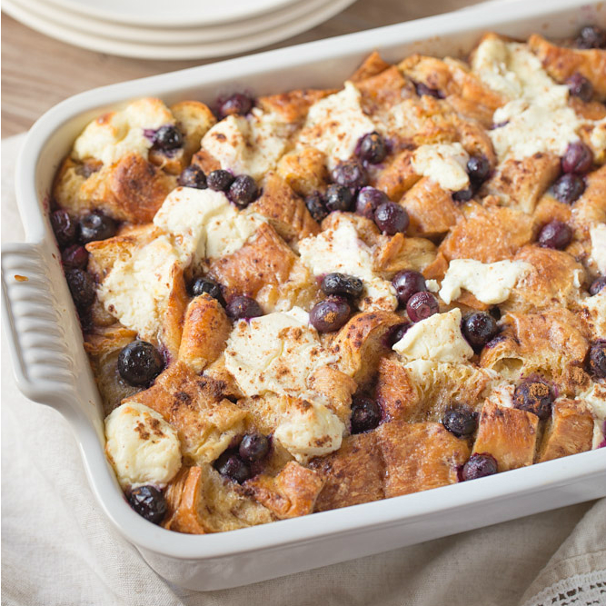 Croissant French Toast Casserole with Blueberries and Cream Cheese