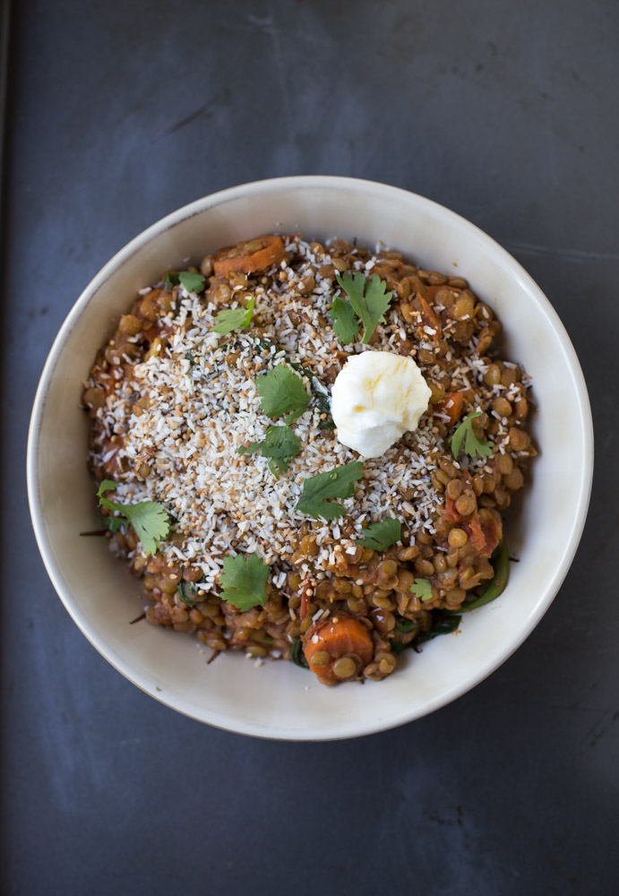 Vegetarian Spiced Lentils with Toasted Coconut | This Gal Cooks