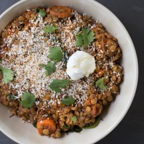 Vegetarian Spiced Lentils with Toasted Coconut | This Gal Cooks