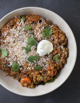 Vegetarian Spiced Lentils with Toasted Coconut | This Gal Cooks