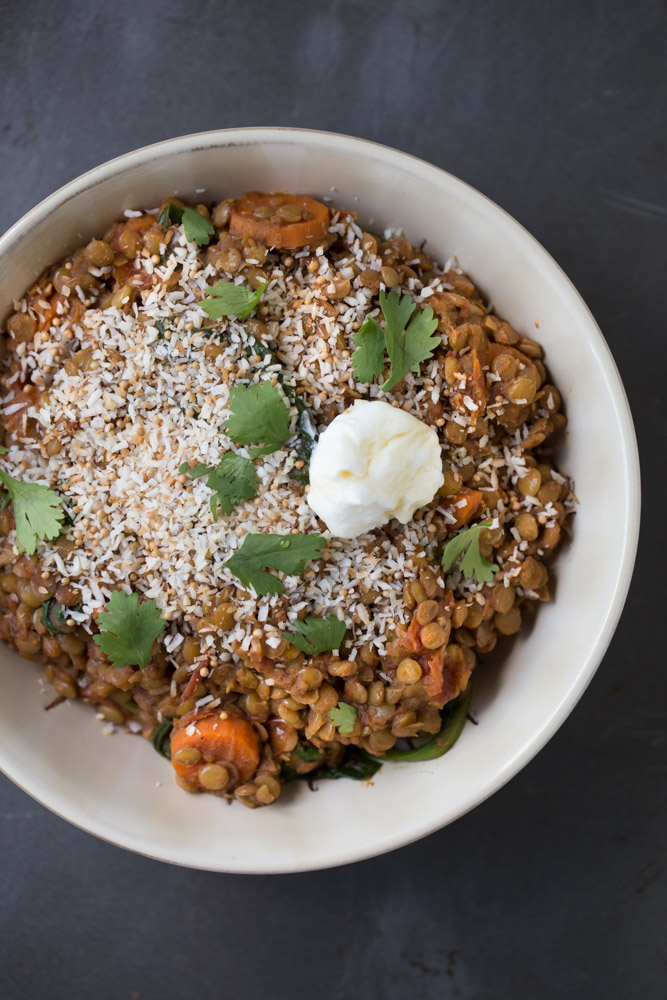 Vegetarian Spiced Lentils with Toasted Coconut | This Gal Cooks