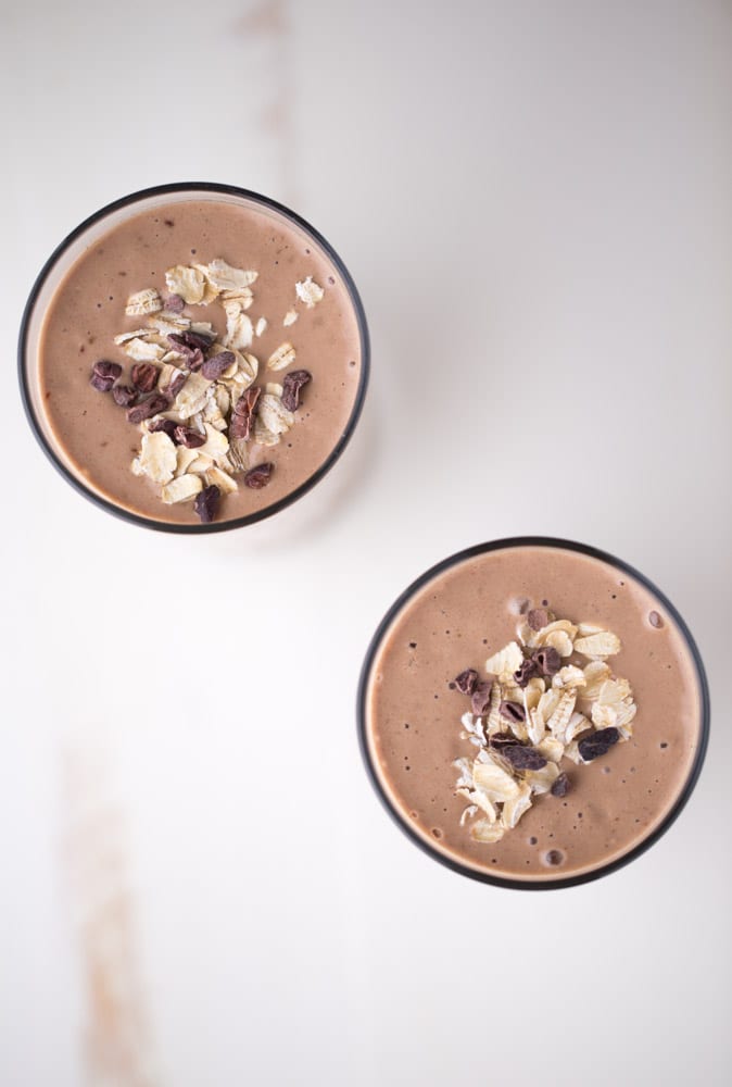 Chocolate Peanut Butter Smoothie. Made with superfoods. Dairy free. Vegan. 285 calories per 8oz serving! | This Gal Cooks