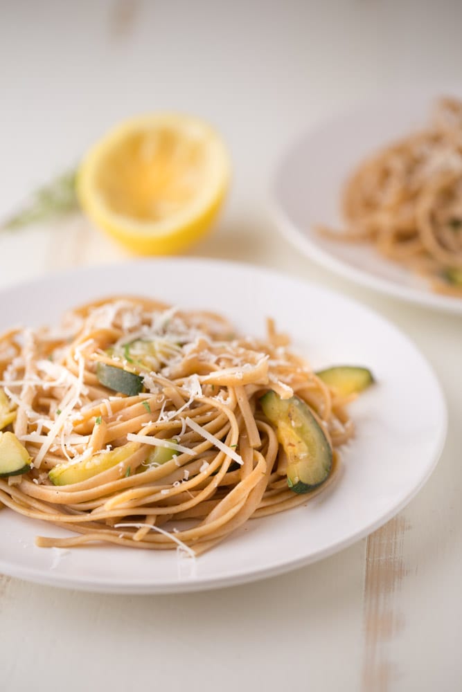 Lemon Zucchini Pasta. This flavorful, refreshing meal is a great option for weeknights because it's EASY to make! Under 300 calories per serving. | This Gal Cooks