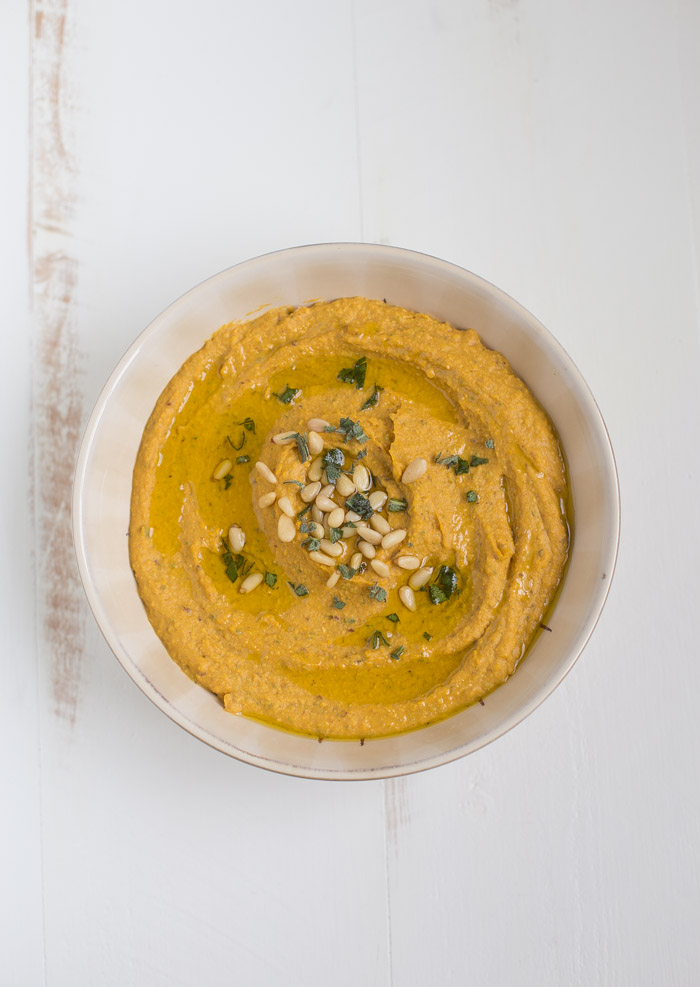 Pumpkin Hummus with cranberries and sage. Vegan + easy to make