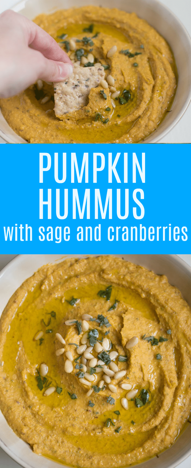 Pumpkin Hummus with Sage and Cranberries is a delicious appetizer that's full of bold flavors and perfect for fall parties!