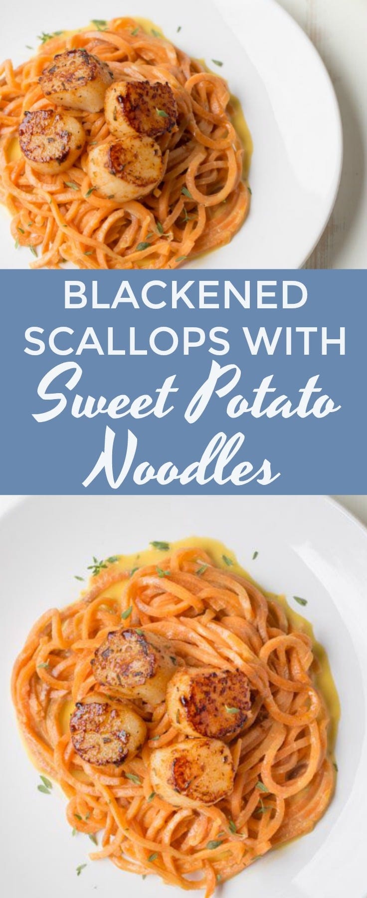Whole 30, healthy and delicious Blackened Scallops with Sweet Potato Noodles. #whole30 #paleo #healthy #scallops #seafood #recipe #dinner #sweet potato