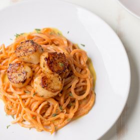 Blackened Scallops with Sweet Potato Noodles {dairy free + gluten free) | This Gal Cooks