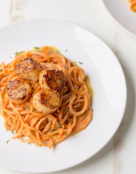 Blackened Scallops with Sweet Potato Noodles {dairy free + gluten free) | This Gal Cooks