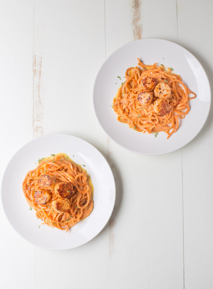 Blackened Scallops with Sweet Potato Noodles {dairy free + gluten free) | This Gal Cooks