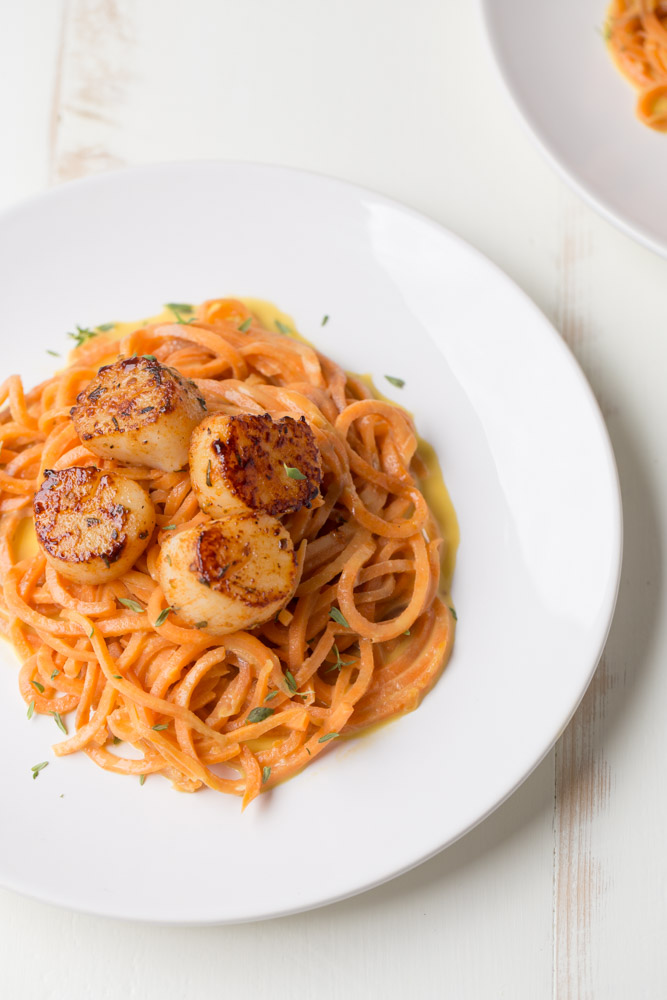 Blackened Scallops with Sweet Potato Noodles {dairy free + gluten free) | This Gal Cooks