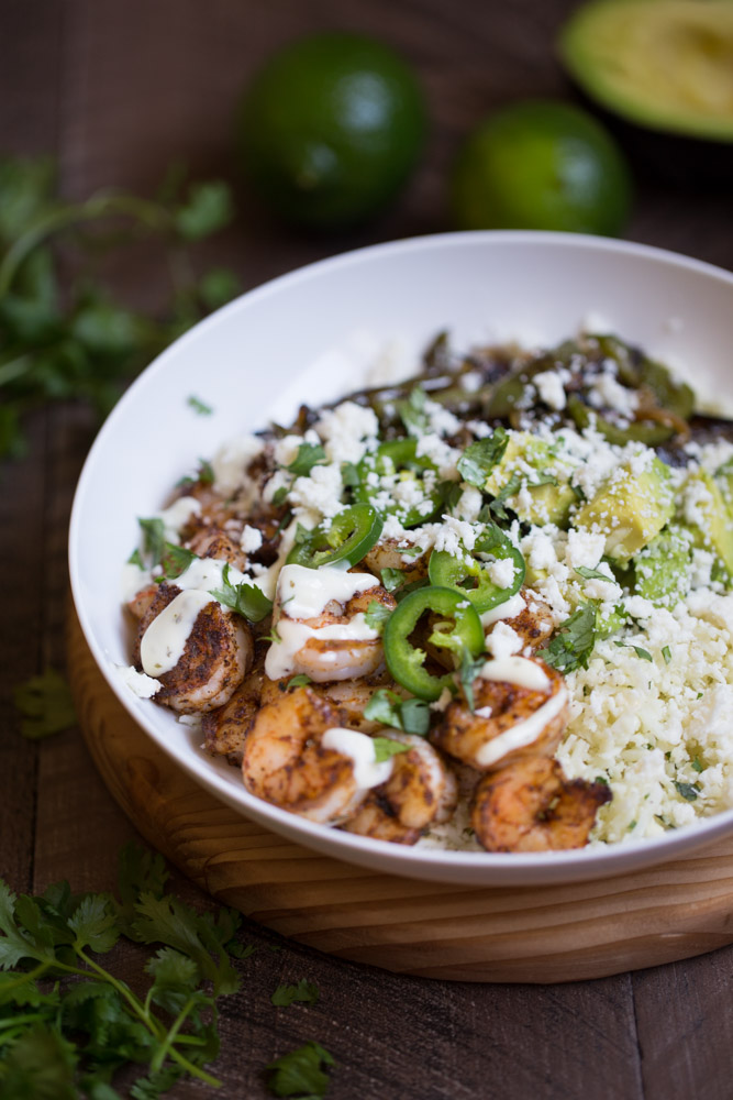 Shrimp Fajita Bowls with Cilantro Lime Cauliflower Rice | This Gal Cooks