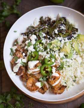 Shrimp Fajita Bowls with Cilantro Lime Cauliflower Rice | This Gal Cooks