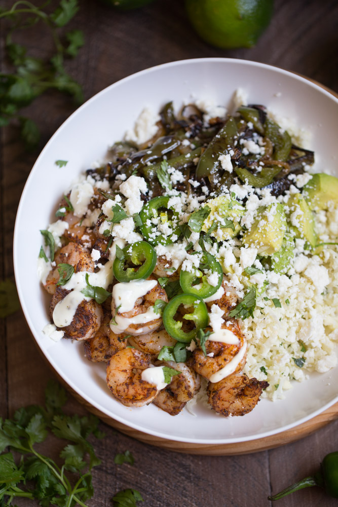 Shrimp Fajita Bowls with Cilantro Lime Cauliflower Rice | This Gal Cooks