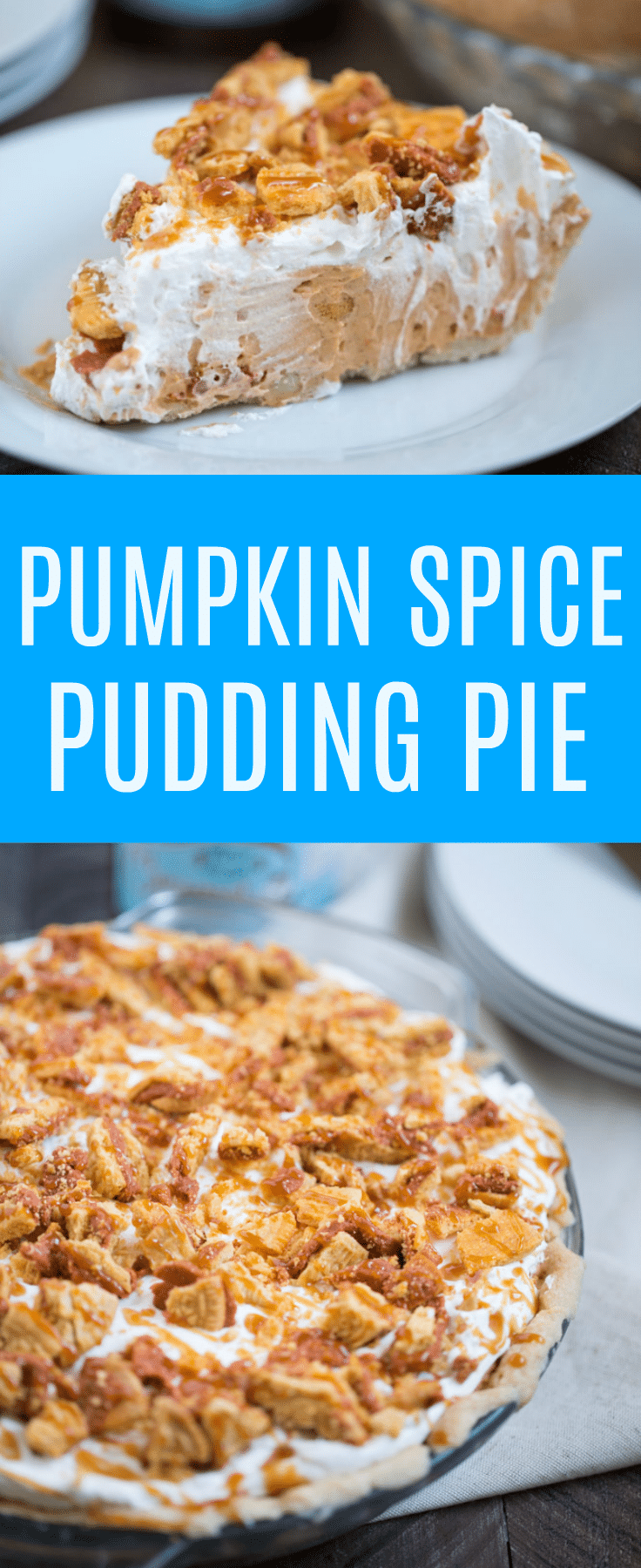 Easy Pumpkin Spice Pudding Pie. Flaky pie crust filled with pumpkin spice pudding, Cool Whip, pumpkin spice Oreos and topped with cool whip, cookies and caramel!