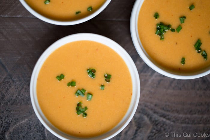 Vegan Smoked Potato Soup. The secret to achieving a smoky soup without using ham or bacon: smoke the potatoes! | This Gal Cooks