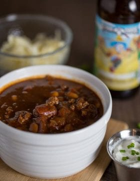 Thick and hearty Stout Beer Chili. This comforting and flavorful chili recipe is made with Clown Shoes Chocolate Sombrero stout.