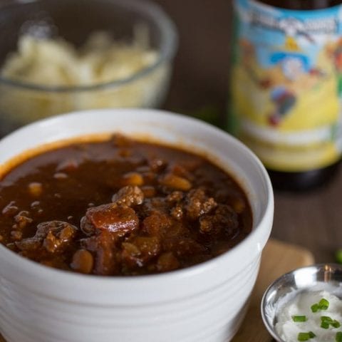 Thick and hearty Stout Beer Chili. This comforting and flavorful chili recipe is made with Clown Shoes Chocolate Sombrero stout.