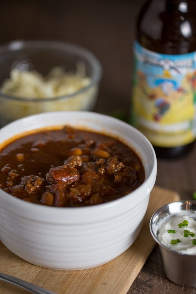 Thick and hearty Stout Beer Chili. This comforting and flavorful chili recipe is made with Clown Shoes Chocolate Sombrero stout.