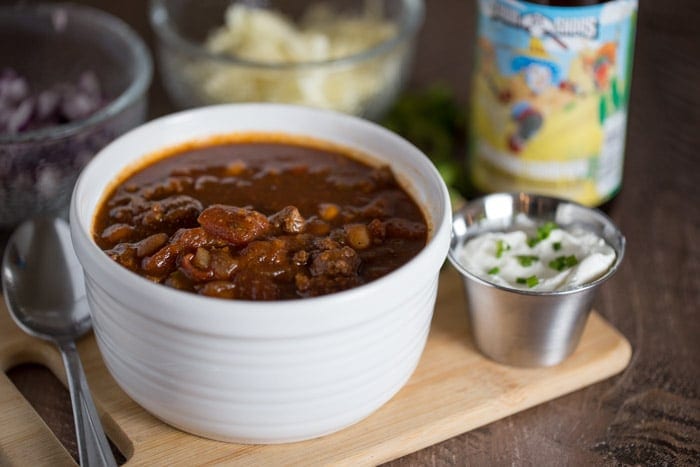 Thick and hearty Stout Beer Chili. This comforting and flavorful chili recipe is made with Clown Shoes Chocolate Sombrero #stout.