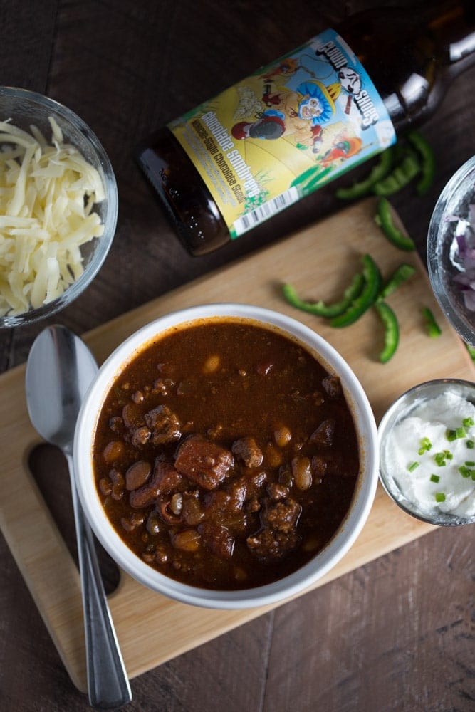 Thick and hearty Stout Beer Chili. This comforting and flavorful chili recipe is made with Clown Shoes Chocolate Sombrero stout.