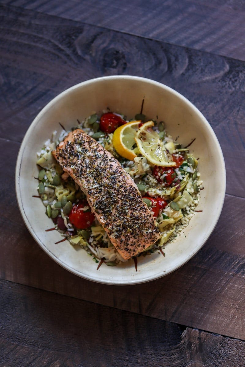 A Really Good Salmon Bowl that's full of healthy and flavorful ingredients. #salmon #healthy #recipe #glutenfree #healthyrecipe 