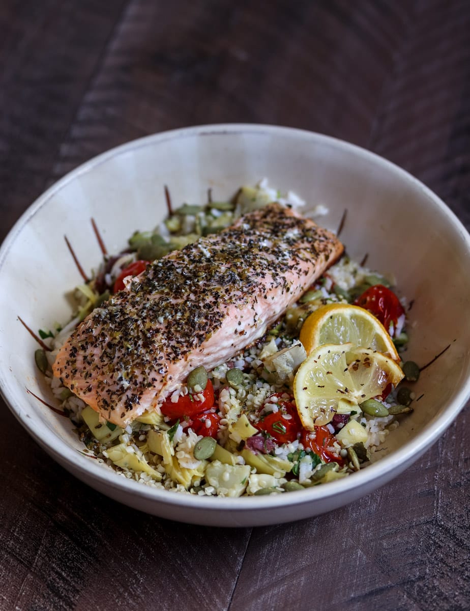 A Really Good Salmon Bowl that's full of healthy and flavorful ingredients. #salmon #healthy #recipe #glutenfree #healthyrecipe 