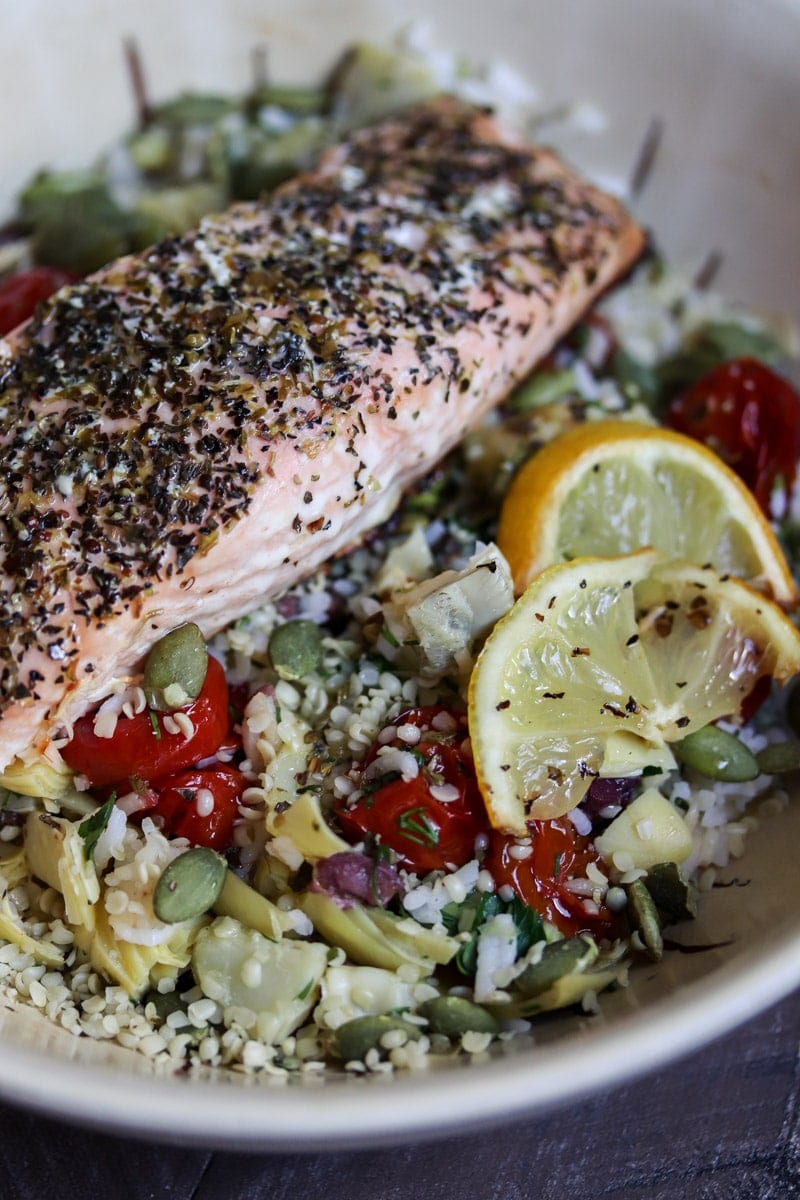 A Really Good Salmon Bowl that's full of healthy and flavorful ingredients. #salmon #healthy #recipe #glutenfree #healthyrecipe 