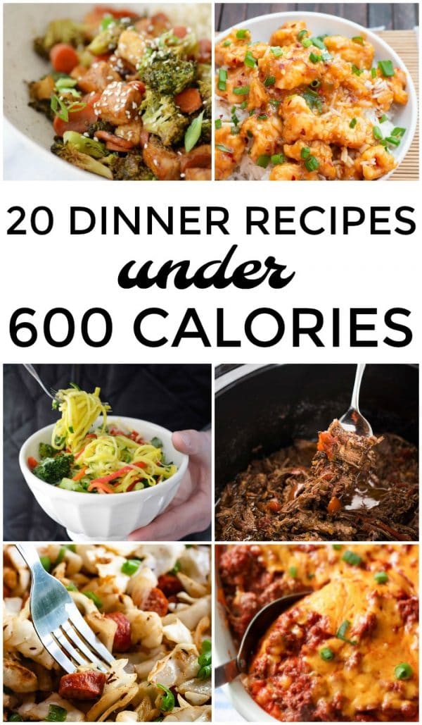 This collection of 20 Dinner Recipes Under 600 Calories includes soups, skillet meals, salads, tex-mex fare and even low carb pizza crust! A great collection of recipes for those wishing to cut back on calories and eat more consciously. #lowcalorie #fitfoods #under600calories