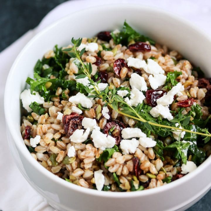 Healthy Farro Salad with Kale, Cranberries and Goat Cheese