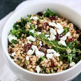 Tender farro, nutrient dense kale, tart cranberries, creamy goat cheese and a delicate lemon herb dressing. It's healthy and irresistibly delicious! #vegetarian #salad #kale #healthy